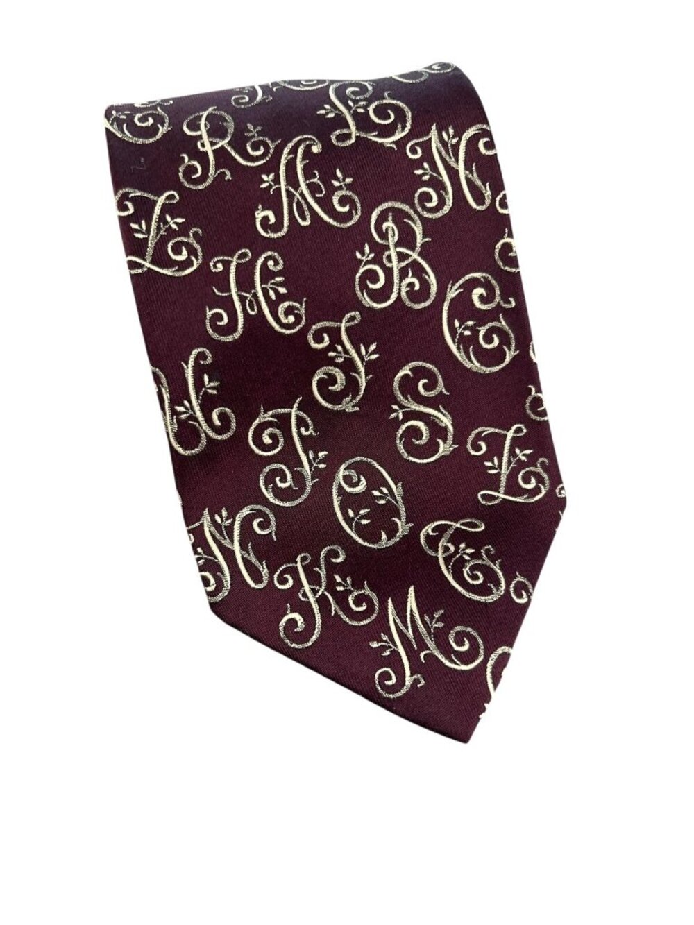 Gold Scroll Monogram Silk Tie Burgundy By Burdines Buckhead USA 3.75" Wide